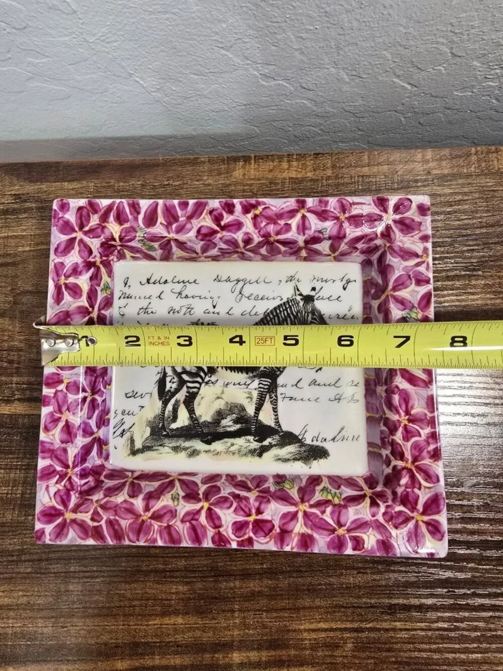 John Derian Hand-Painted Ceramic Desk Tray Catchall Zebra Script Purple Floral - Picture 7 of 9